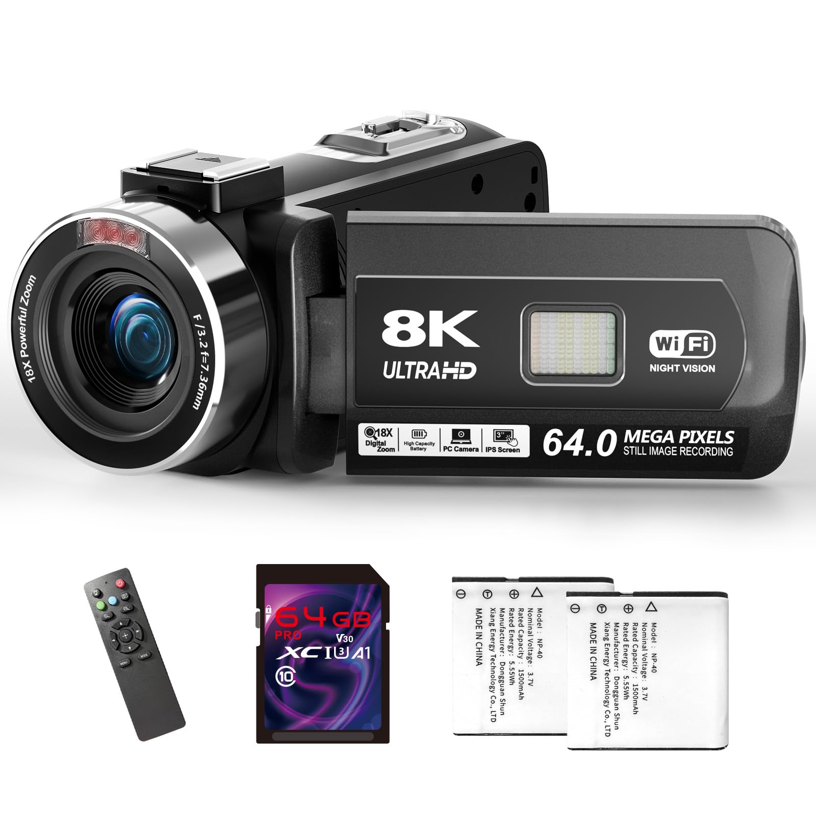 8K Video Camera - UHD 64MP Camcorder with 64GB SD Card & WiFi 18X Digital Zoom Vlogging Camera with IR Night Vision for YouTube, 3" Touch Screen with Fill Light, Lens Hood, Remote and 2 Batteries
