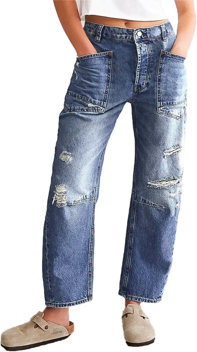 Flamingals Barrel Jeans for Women Ripped High Rise Crop Jeans Distressed Wide Leg Jeans Boyfriend Jeans