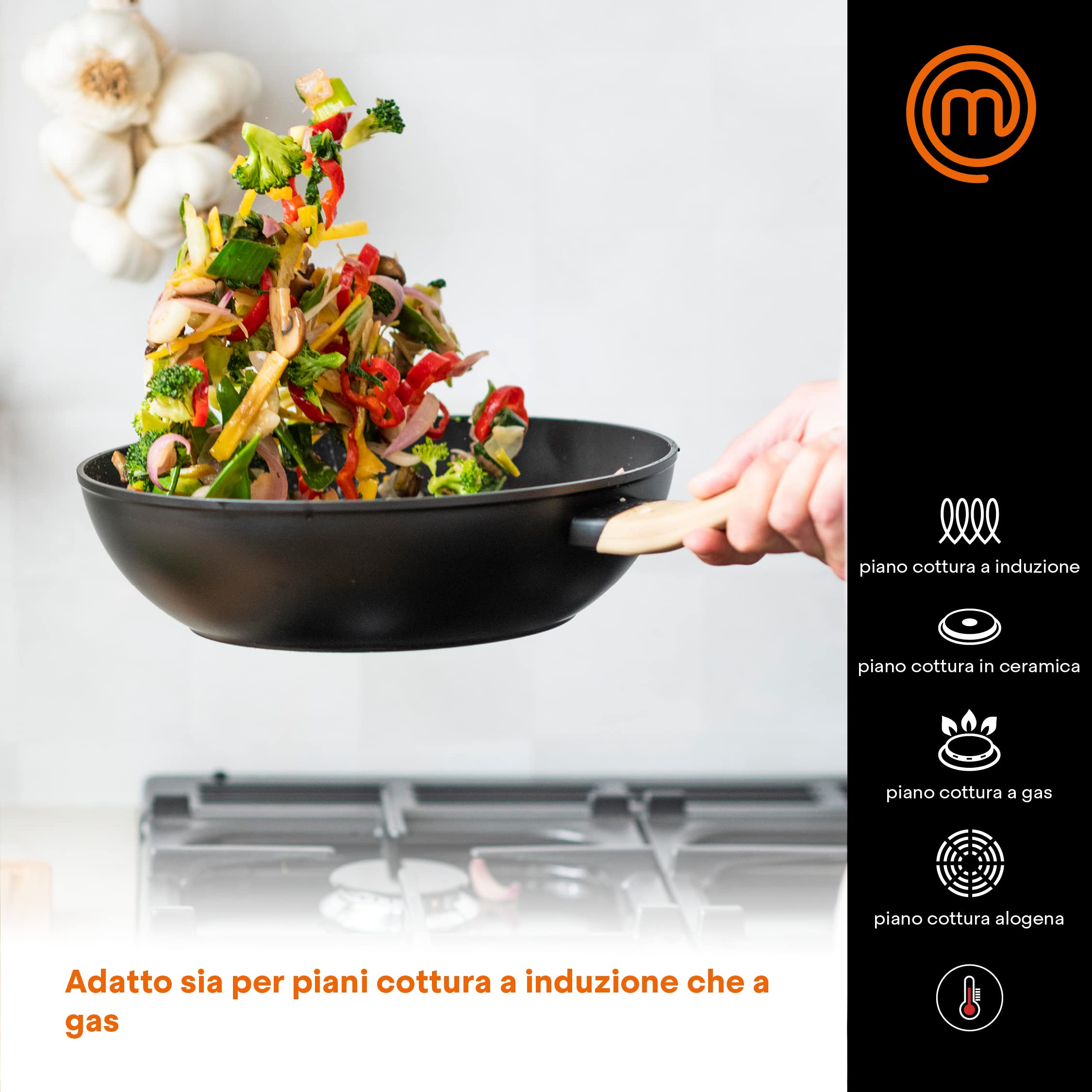 MasterChef Wok, Padella Antiaderente 28cm, Pentole Aluminio, per Salta e altro, Cinese, Induzione e altro, Tutti i Piani, Antigraffio, Lavabile in Lavastoviglie, Nero