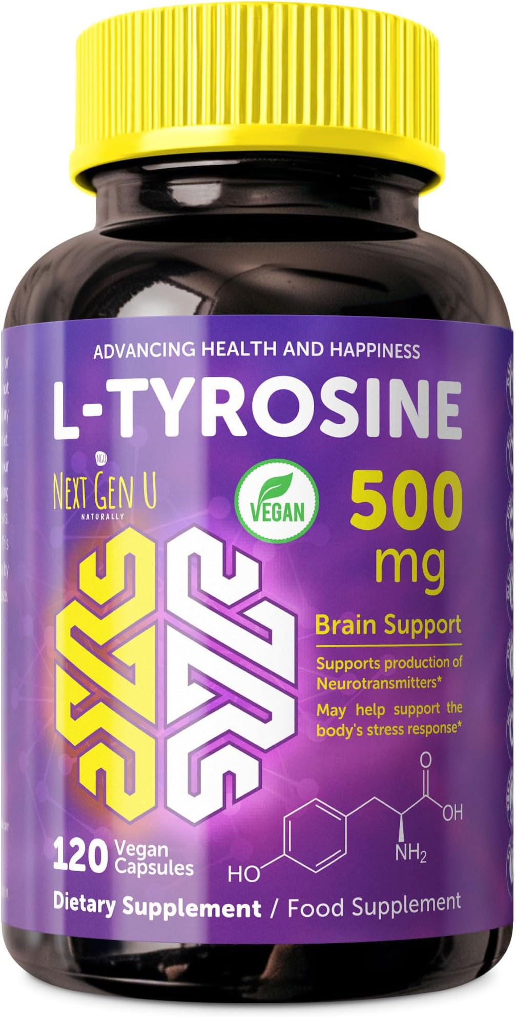 L-Tyrosine 500mg Capsules - 120 High Strength Capsules | Contributes to Mood and Mental Alertness | Supports Brain Functions | Equally Effective for Men Women Kids | L Tyrosine 500mg per Serving