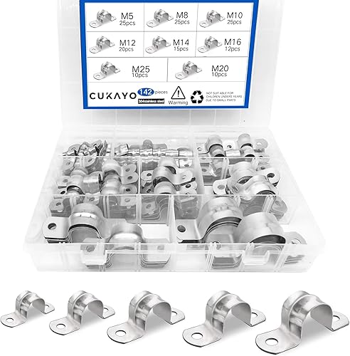 Kit surtido de 142 abrazaderas de correa de tubo, acero inoxidable 304 con 2 agujeros, correa de tubo rígida, abrazadera de correa de tubo en U