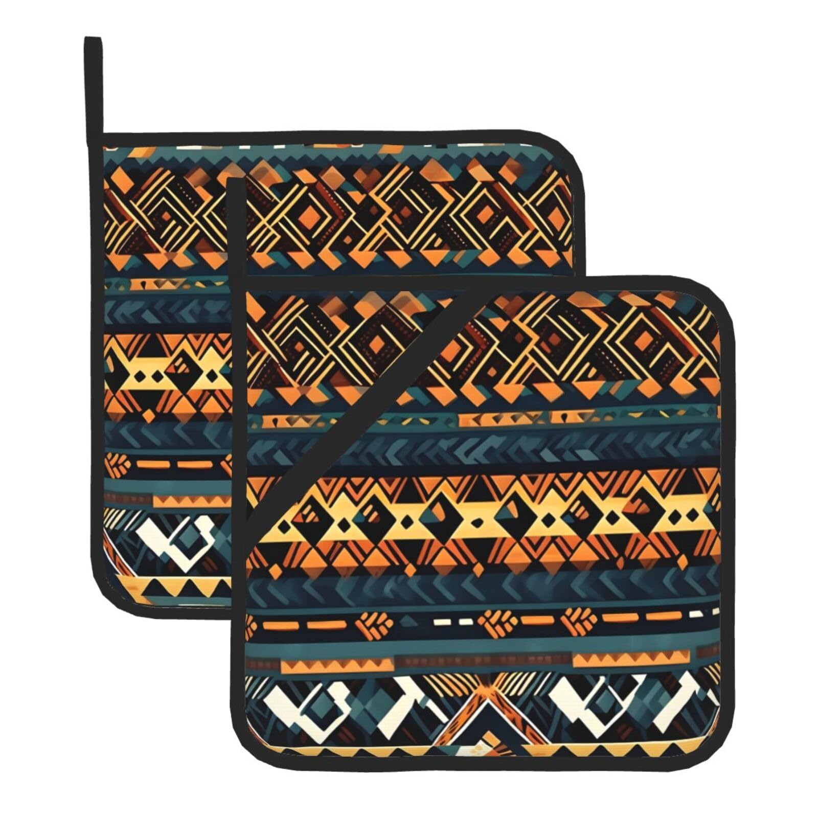 WHJSSF African Tribal Ethnic Texture Prints Square Hot Pads for Kitchen Counter - Waterproof Trivets with Hanging Loop, Thick Pot Covers for Serving, Oven & BBQ - Set of 2 (1 with Pocket)