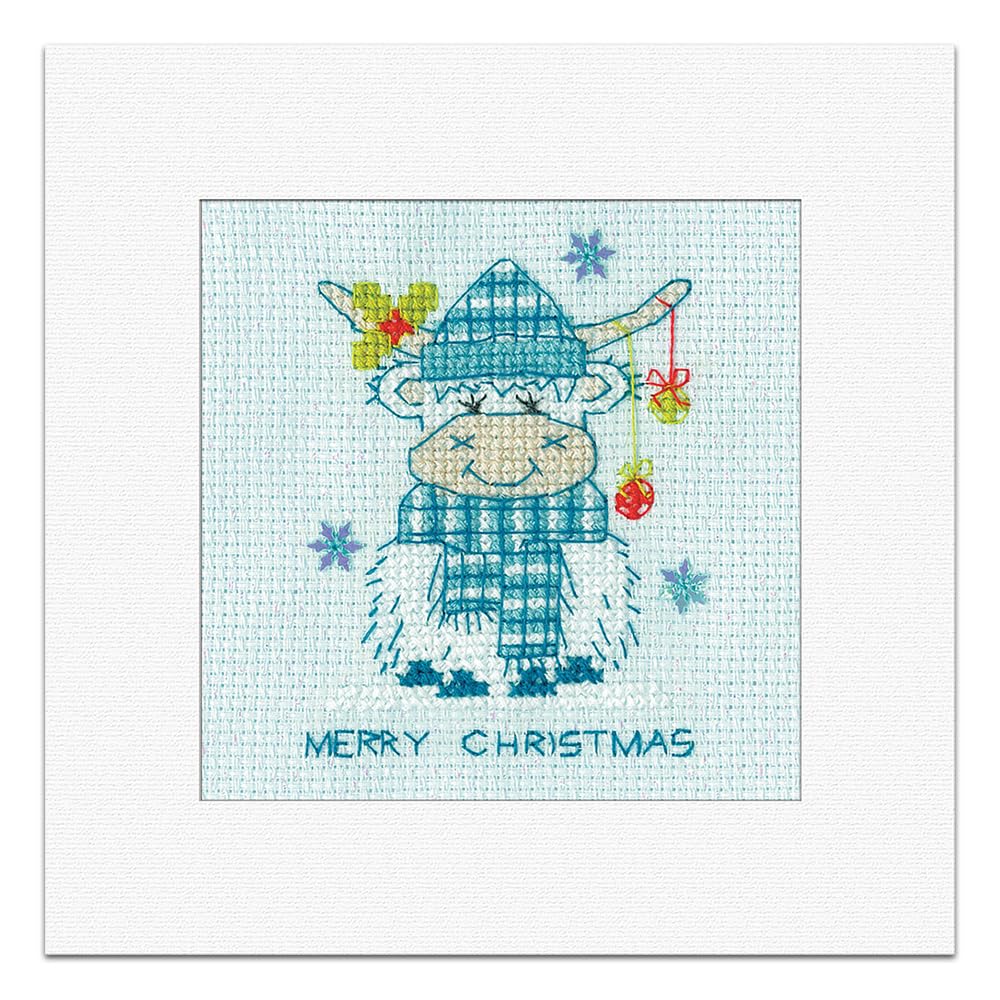 Heritage Crafts N/A Sparkle & Sequi Christmas Card Cross Stitch Kit - Frosted Highlad Cow - Tarta Cross Stitch Card Kit