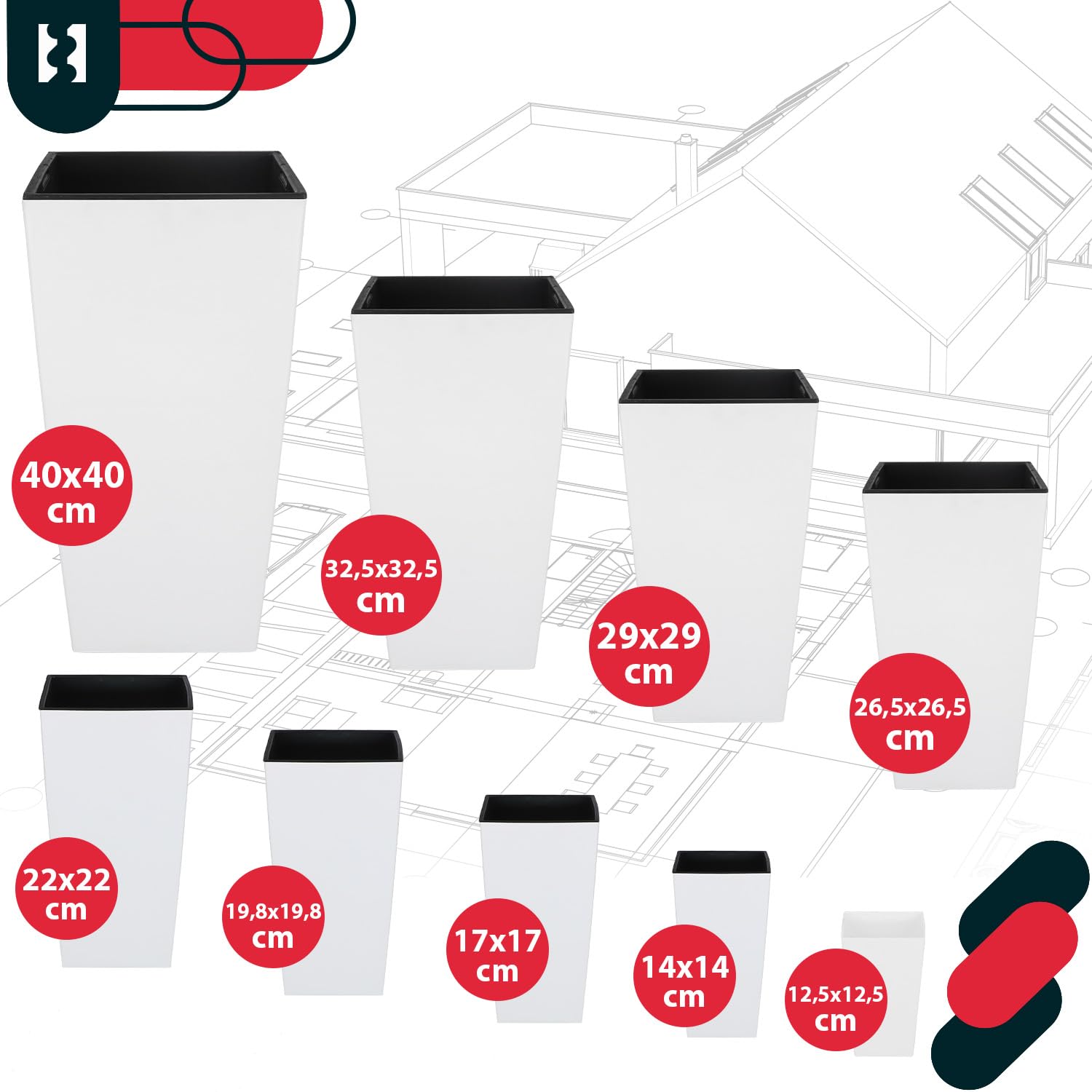 KOTARBAU® - Vaso da fiori quadrato con vaso interno, 291 x 291 x 545 mm, bianco opaco
