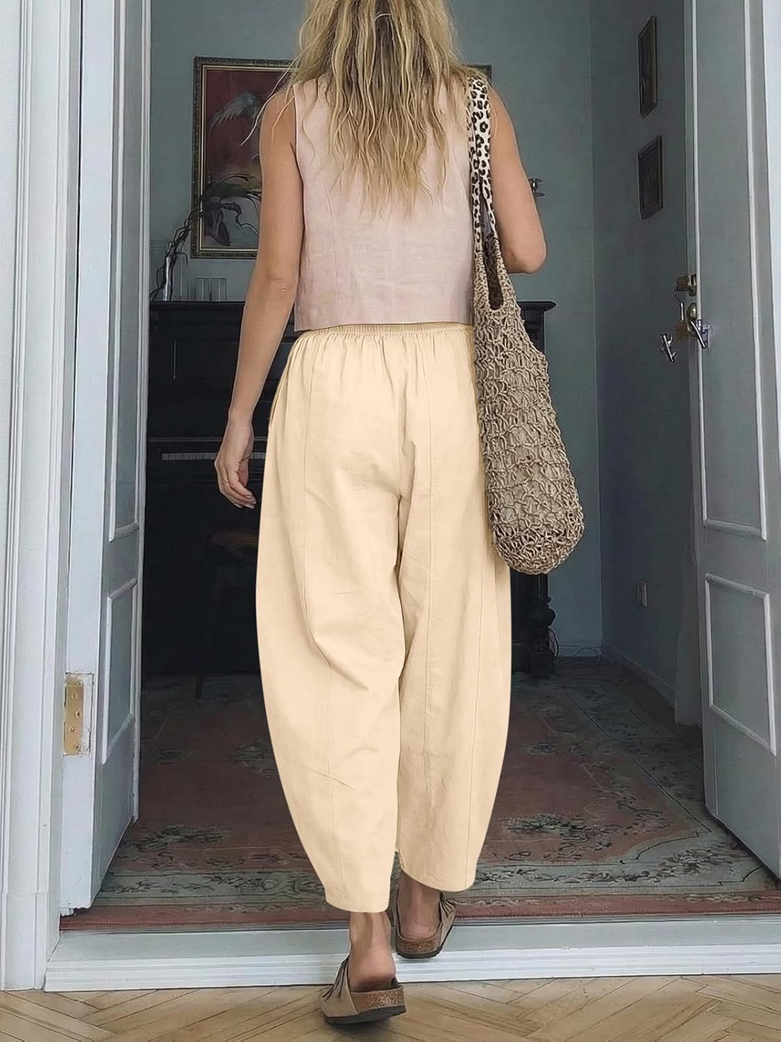 Cicy Bell Womens Baggy Barrel Pants High Waisted Wide Leg Casual Elastic Drawstring Cropped Loose Trousers with Pockets