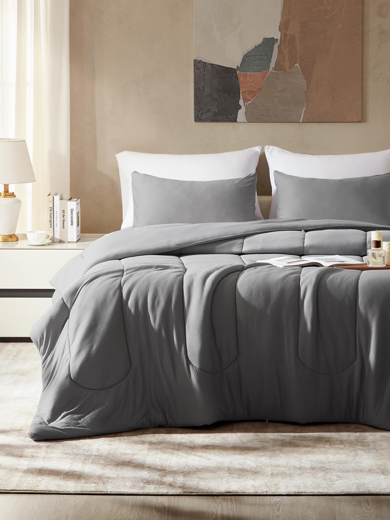 King Size Comforter Set, Breathable Jersey Knit Soft Duvet Insert Set 3 Pieces Bedding Sets for Bedroom All Season, Gray