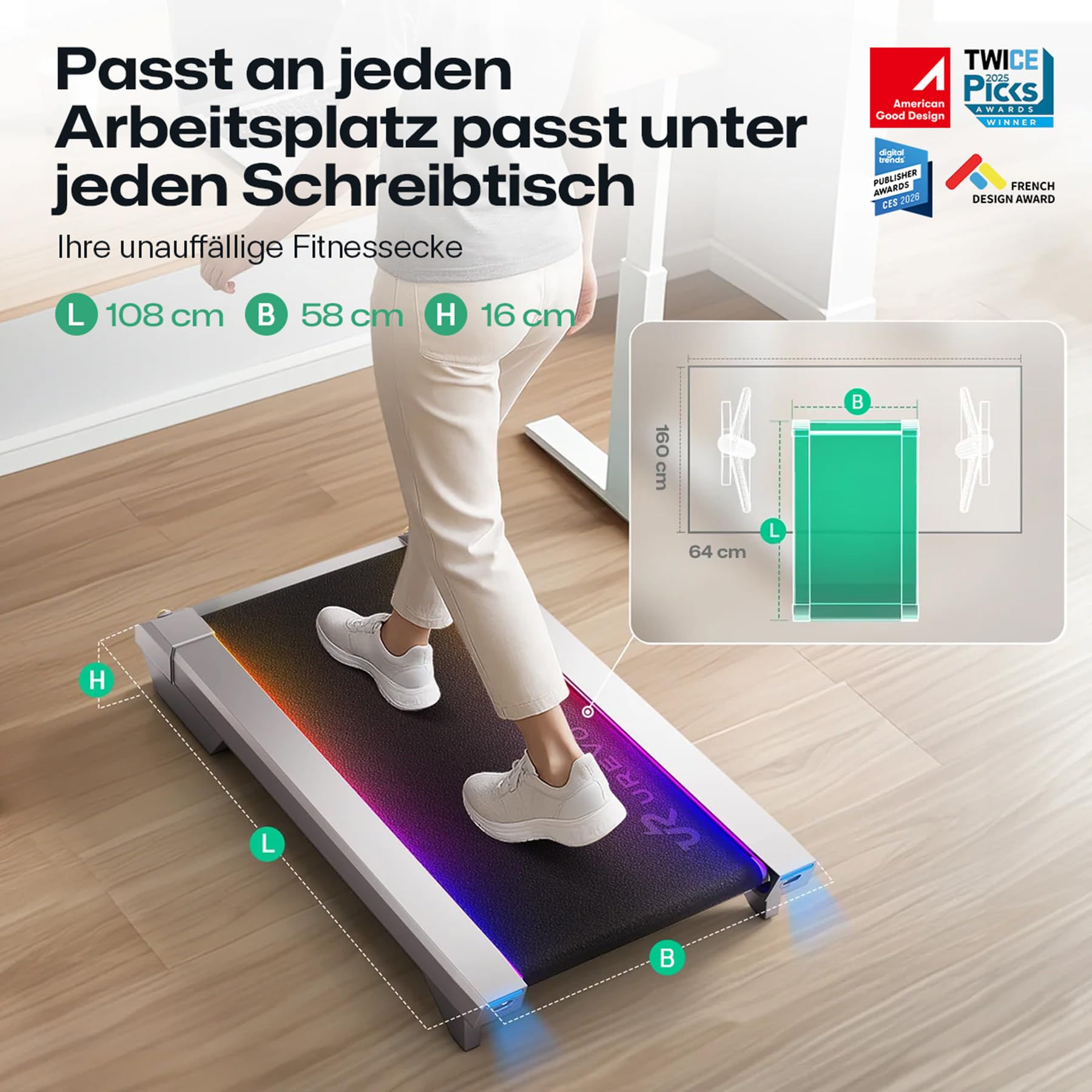 UREVO CyberPad Smart Walking Pad mit 14% Automatik-Steigung, Schlankes Untertisch-Laufband für Fitness im Büro, Leiser Brushless Motor, Großzügige Oberfläche, KI-gestützte App