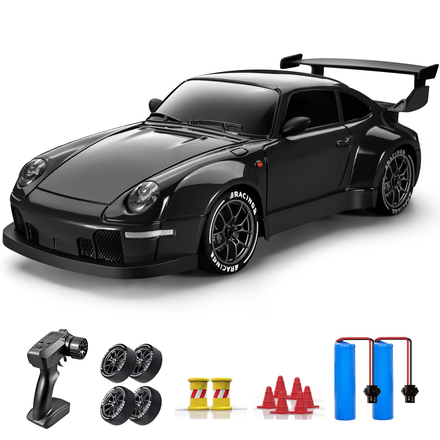ACAMMZAR RC Drift Car, 1:24 Remote Control Car for Kids, 20KM/H 4WD High Speed RC Cars with Lights, Extra Racing Tires, Vehicle for Adults Boys Girls, Black