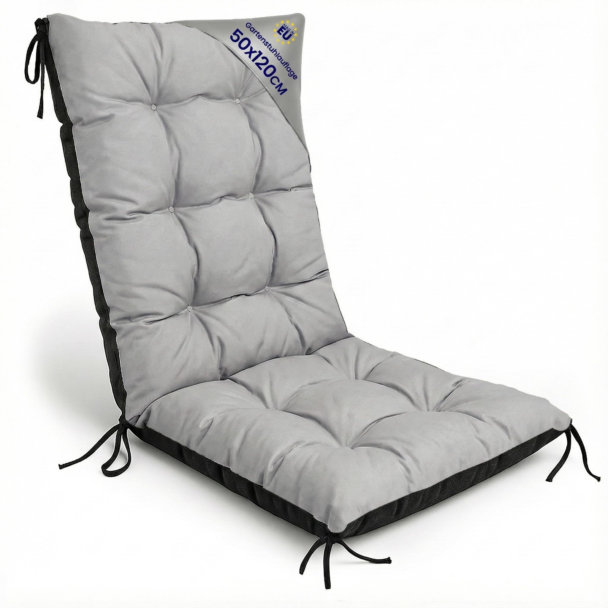 Amazinggirl Cushions Chairs Terrace Pack of 50 x 120 cm – Cushions for Garden Chairs with High Back & Outdoor Grey Cushion Garden Chair Padded Thick 10 cm with Straps