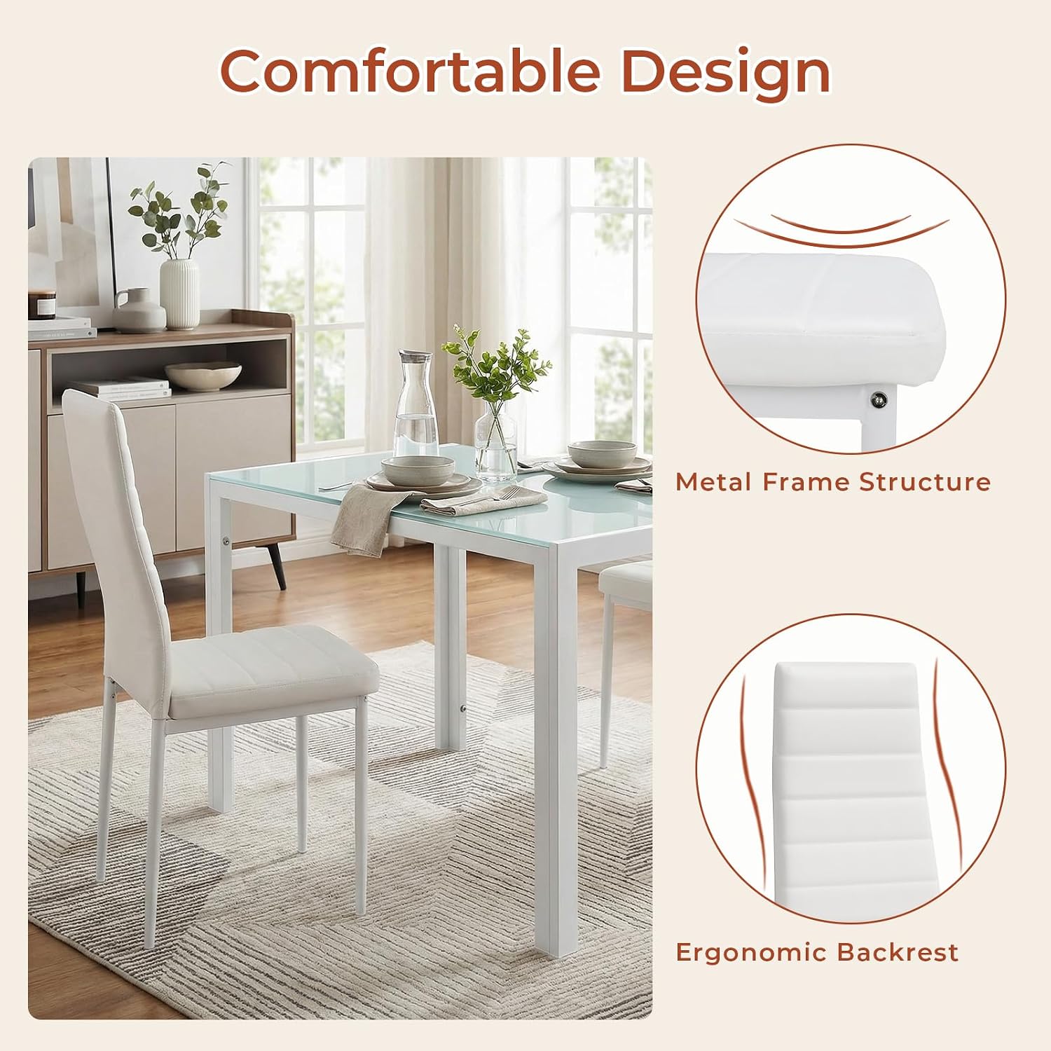 TLSUNNY 5 Piece Dining Table Set for 4, Tempered Glass Kitchen Table with 4 Upholstered PU Chairs, Space-Saving & Metal Steel Frame Dining Room Set for Home, Kitchen, Dining Room, Small Space (White)