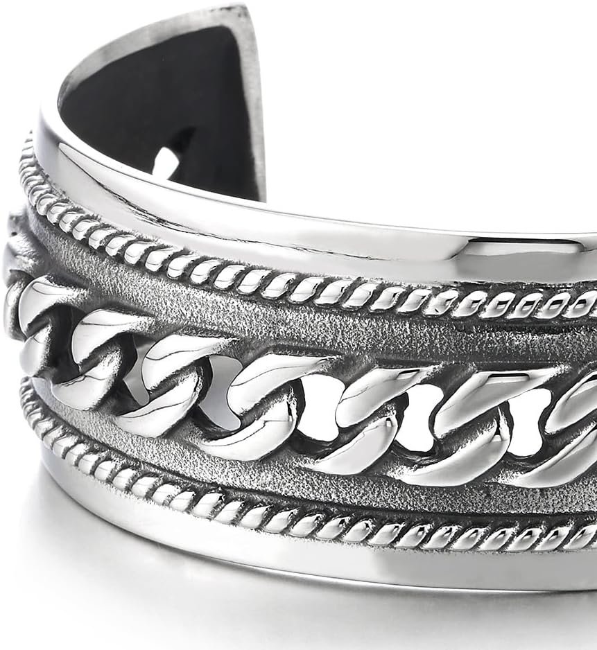 COOLSTEELANDBEYOND Mens Stainless Steel Curb Chain Bangle Bracelelt, Masculine Wide Cuff Bracelet with Braided Border and Antiqued Finish - Image 3