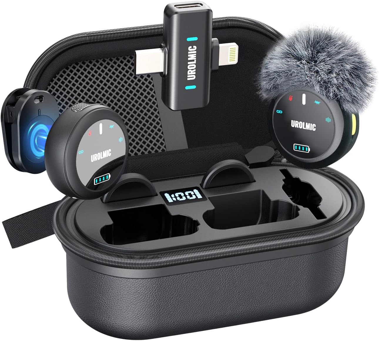 2-in-1 Wireless Lavalier Microphone, 40-Hour Battery Life, Professional Noise Cancellation, Magnetic Wearing, 55m Transmission, Compatible withIOS & Android for Recording