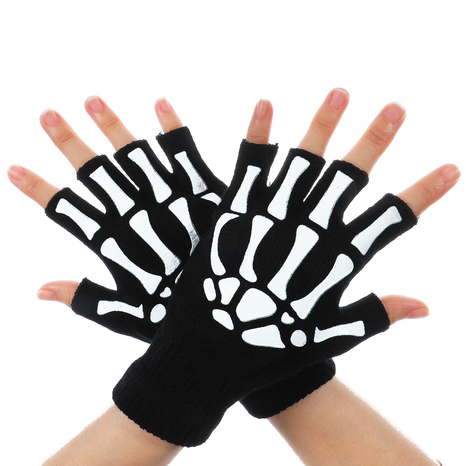 Bremorou 1 Pair Halloween Skull Bone Hand Gloves Skeleton Fingerless Gloves For Men Women Kids Bone Glove Unisex Punk Goth Accessories In The Dark Halloween Costume Emo