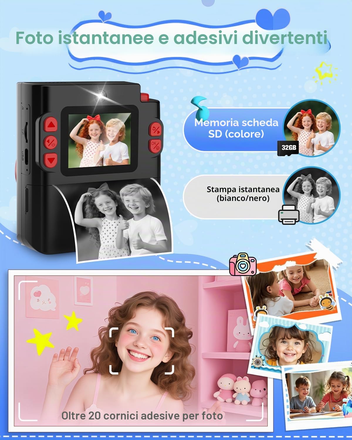 Macchina Fotografica Bambini Istantanea, 1080P HD Fotocamera Istantanea per Bambini con 32GB Scheda & Carta Fotografica, Giocattolo Regalo di Natale Compleanno Bambino e Bambina 3-12 Anni