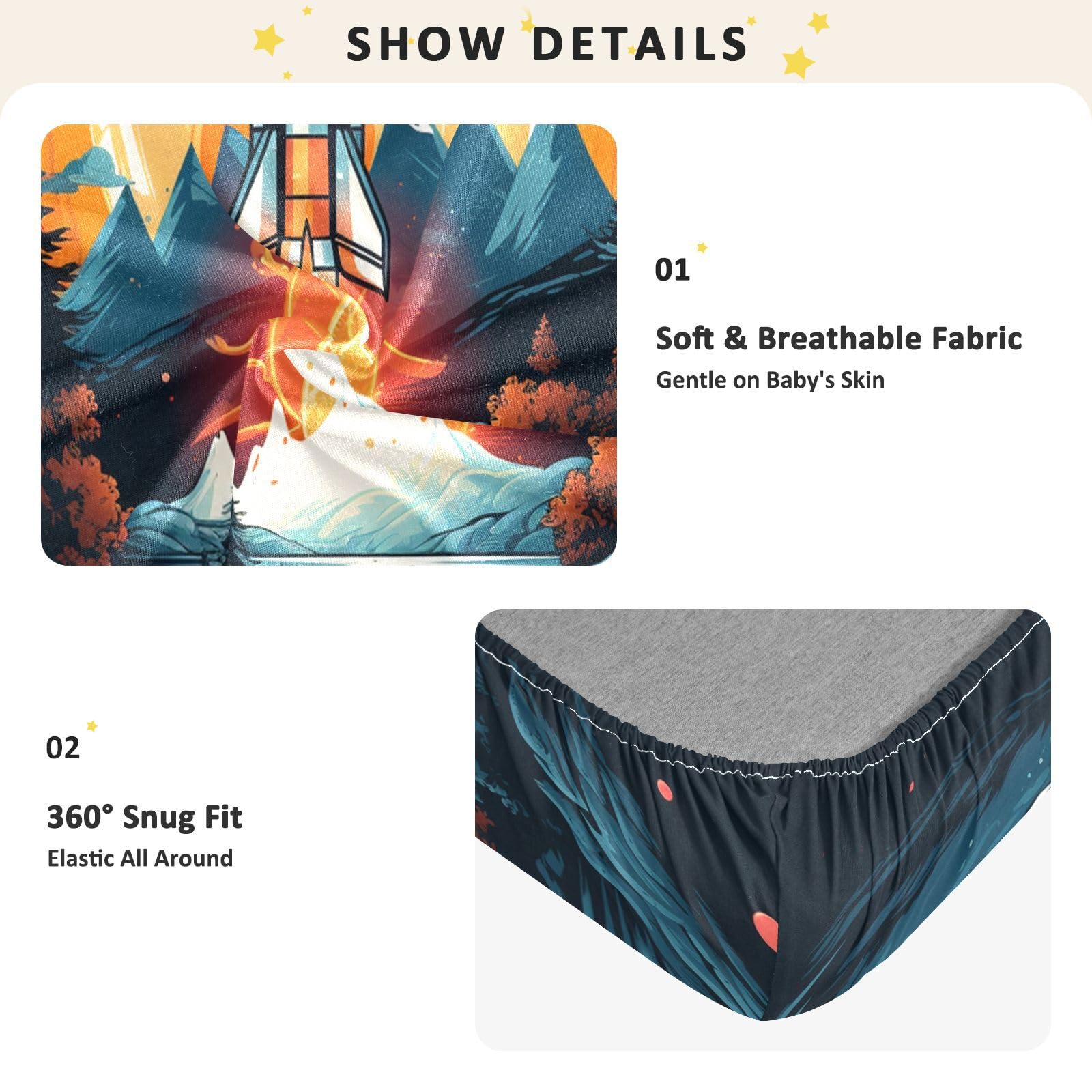 Arte Negro Cohete Fuego Estrellas Sábana de Cuna para Niños Pequeños,Sábanas de Algodón Suave para Bebés Aptas para Colchón Corralito