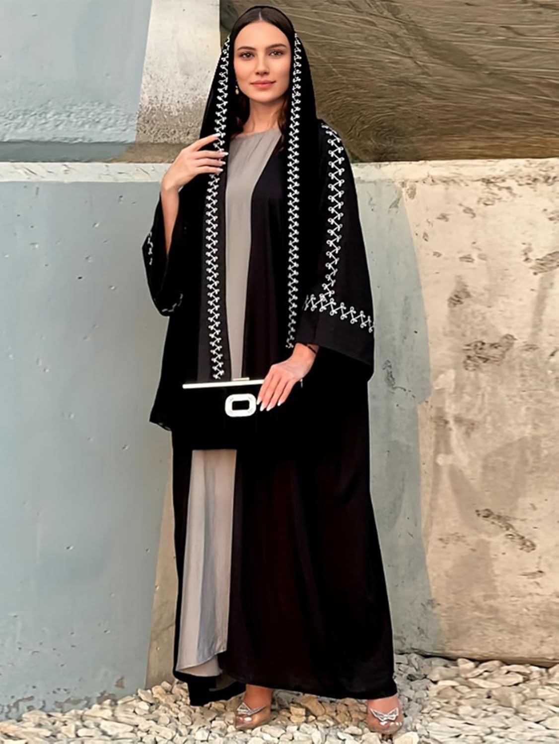 MedeShe Women Fashion Buckles Embroidery Open Abaya Cardigan Kaftan with Matching Hijab