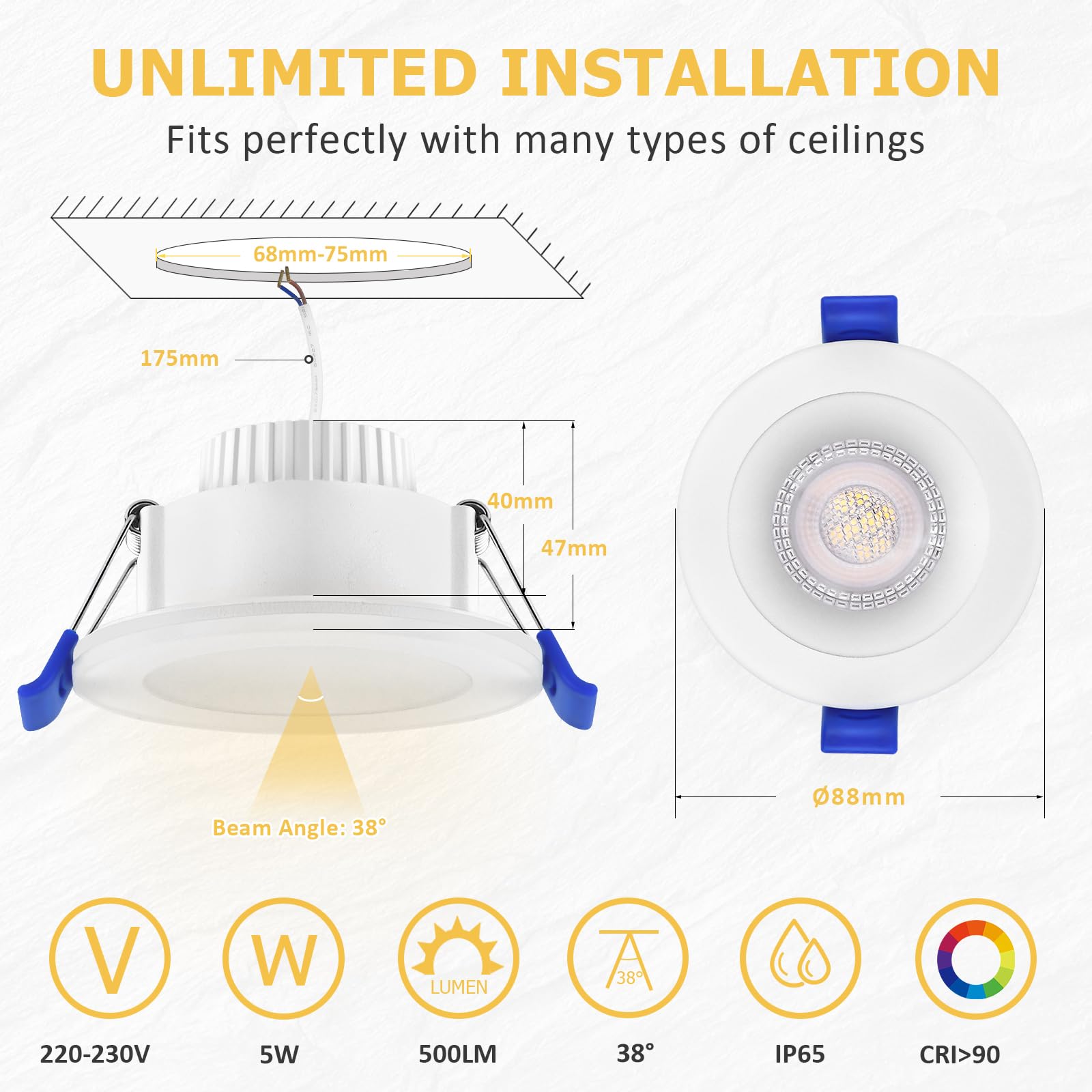 Reflektor LED do zabudowy 230 V 4000K, IP65, 68-75 mm, 6 szt., biały