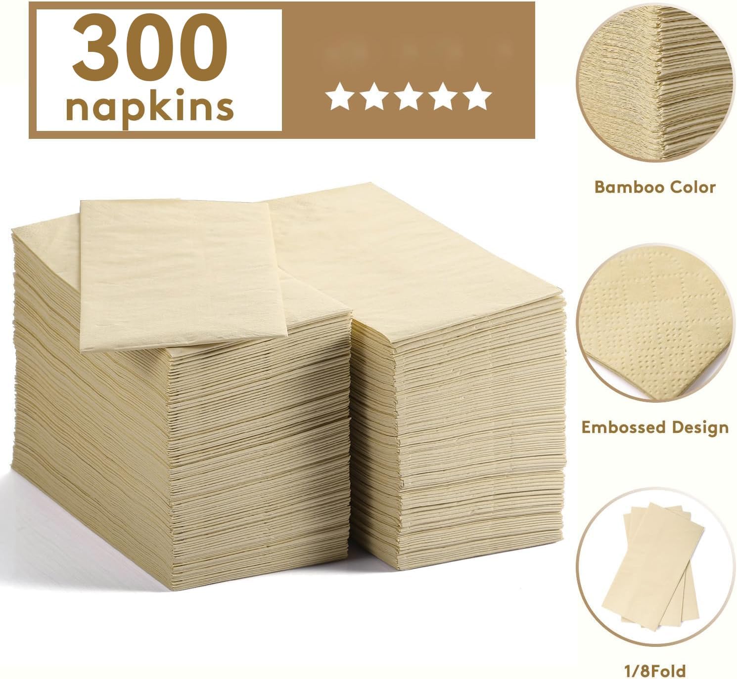 LEKOCH 300-Pack Bamboo Compostable Napkins, Disposable Bathroom Hand Paper Towels 16"x16" Brown 2-Ply Eco Unbleached Plant-based Pulp Wedding Restaurant Napkins