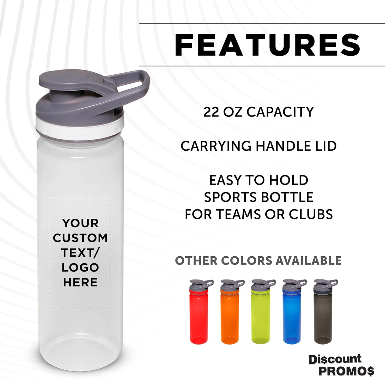 DISCOUNT PROMOS Personalized Sports Water Bottles 22 oz. Set of 10/50/100, Custom Bulk Pack - Reusable, Leak proof, With lids - Clear