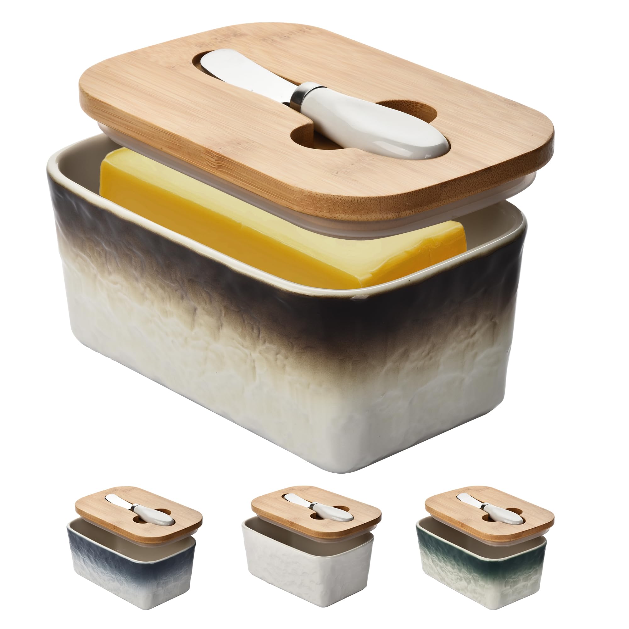 Stone Large Butter Dish with Lid for Countertop,Ceramic Butter Keeper Container with Knife Double Silicone Sealing Butter Dish with Covers for Home