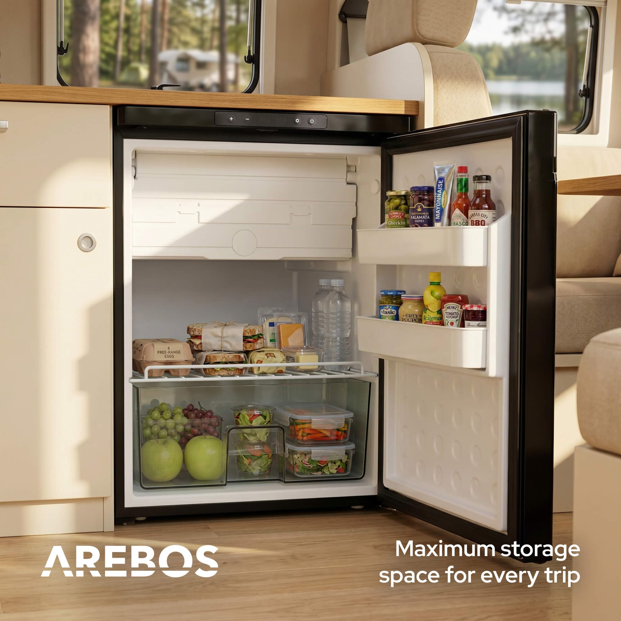 Arebos Lodówka Kompresorowa do Kampera 65L z Zamrażalnikiem | Sterowanie APP | 12V/24V | Chłodzenie do -20°C | Odwracalne Drzwi | Lodówka do Kampera, Auta i Ciężarówki