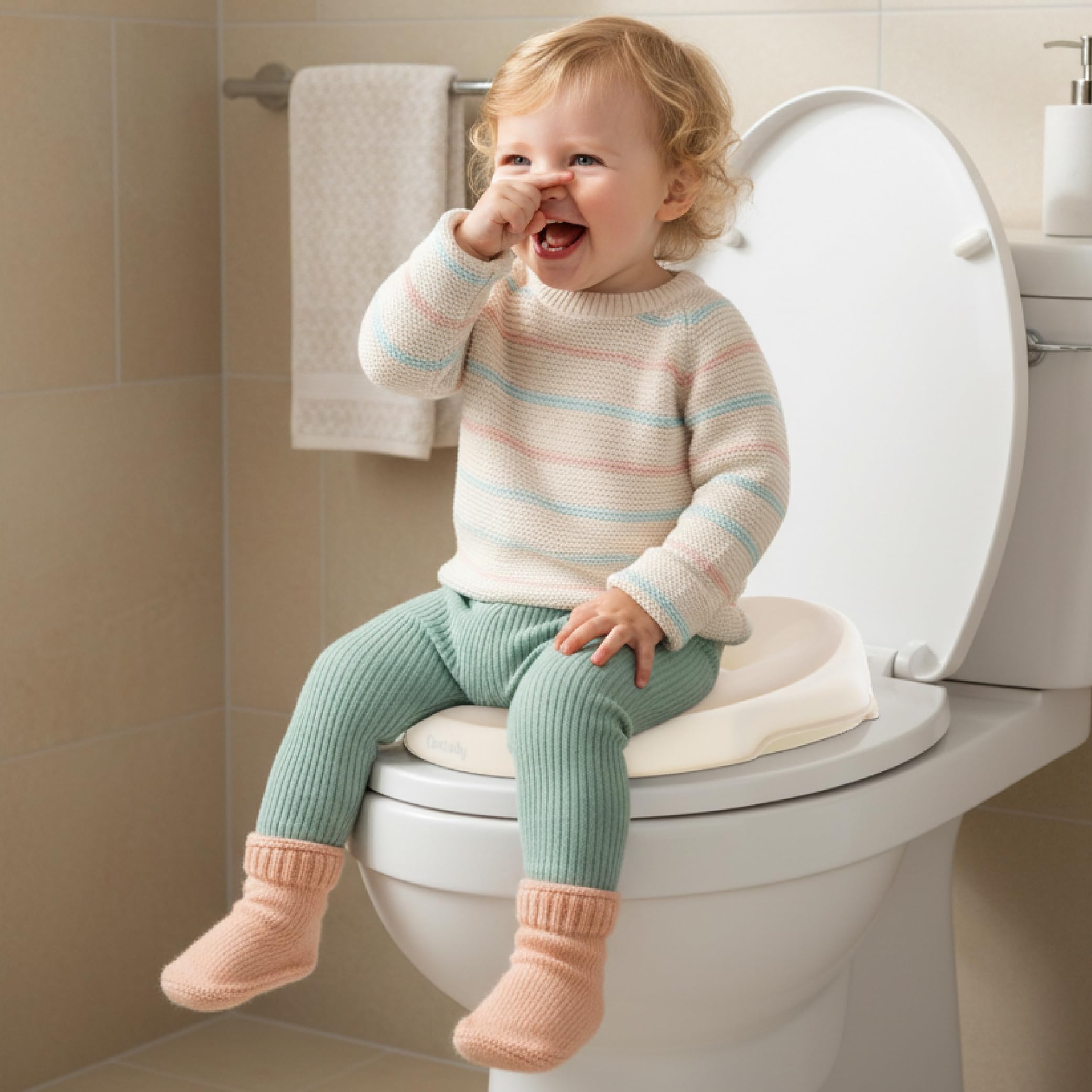 sun baby Nakładka na sedes WC dla dzieci, Nakładka sedesowa 2-6 lat - antypoślizgowy, profilowany kształt, łatwa do czyszczenia, pasuje do standardowych sedesów - Biało-Beżowa