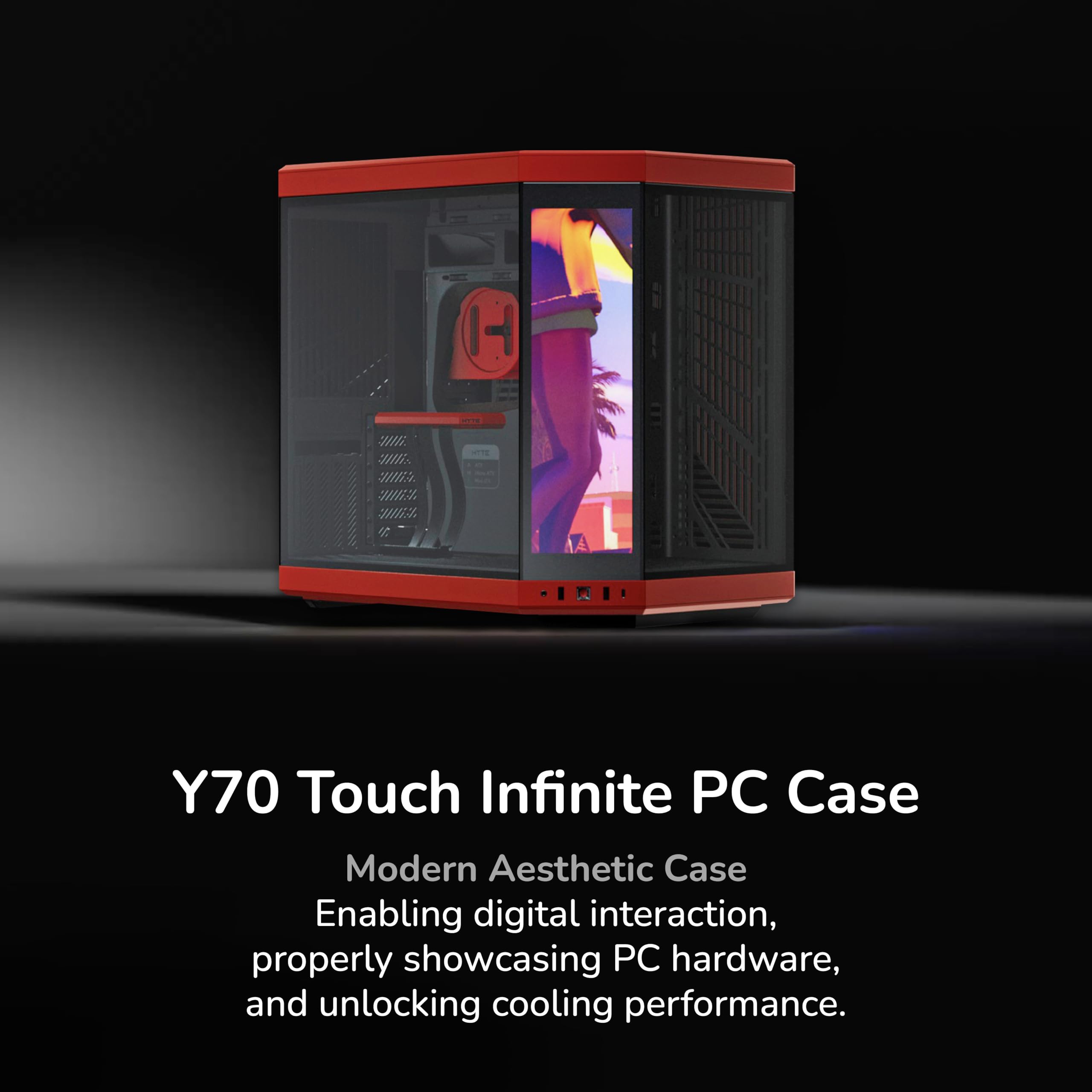 Hyte Y70 Touch Infinite Dual Chamber ATX Mid Tower Modernes ästhetisches Gehäuse mit integriertem 2,5K LCD-Touchscreen - Black Cherry