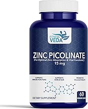 Zinc Picolinate 15mg – High Absorption Zinc Supplement for Immune Support | Skin Health, Hair & Metabolism | Promotes Cellular Health – 60 Vegetarian Capsules