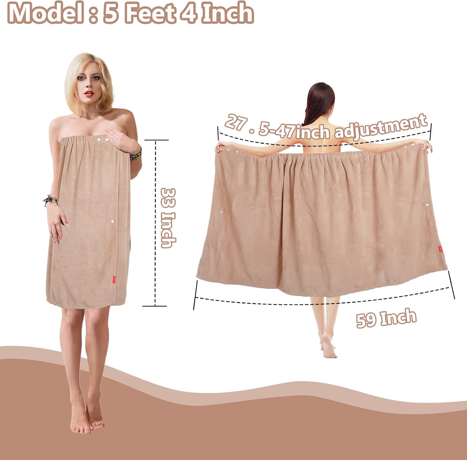Moyishi Women's Adjustable Shower Wrap Bath Towel with Snap Closure 29 x 55 inch (Brown)