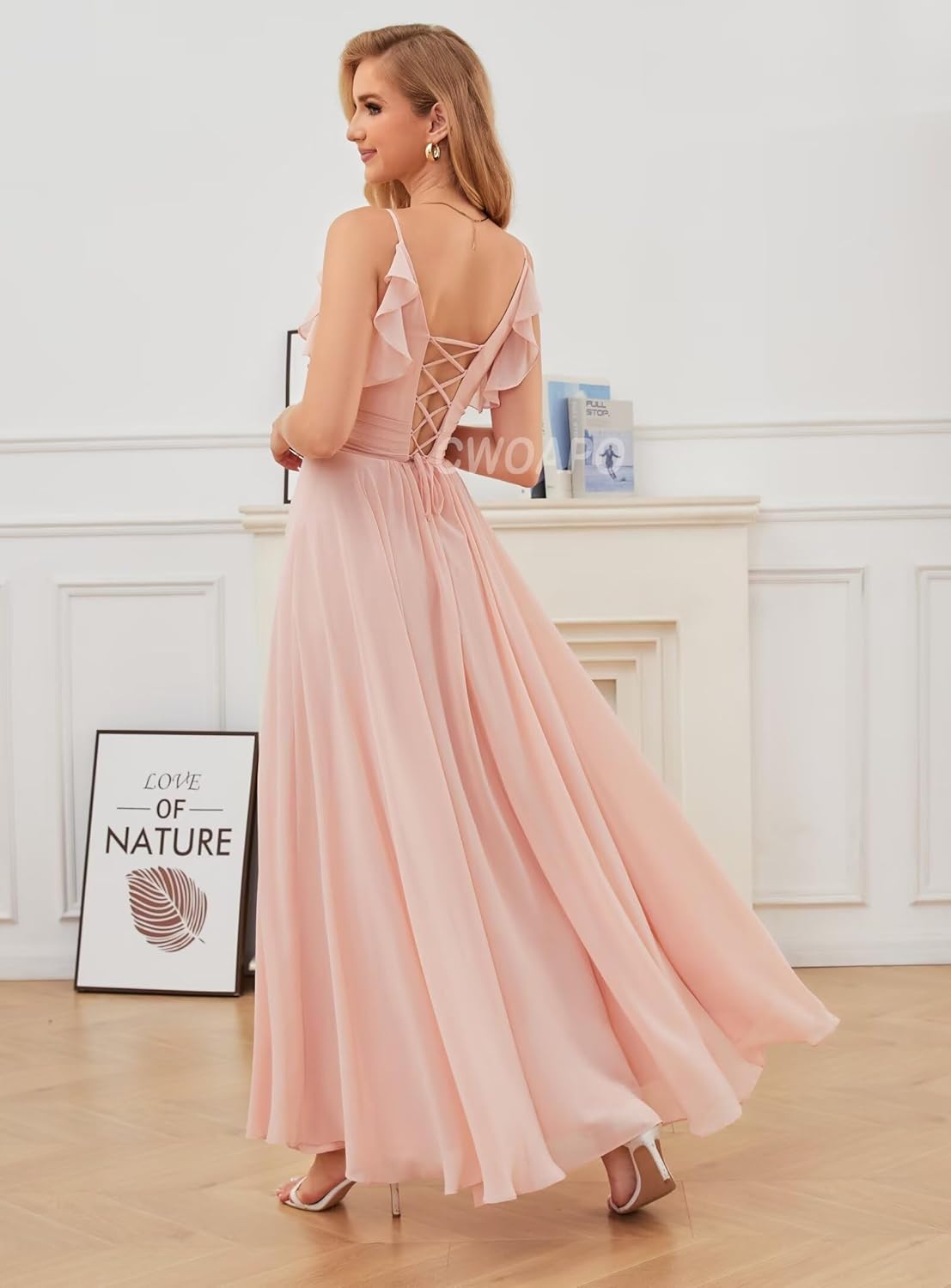 CWOAPO V Neck Bridesmaid Dresses for Women Long Ruffles Chiffon Spaghetti Straps A Line Pleated Formal Evening Gowns