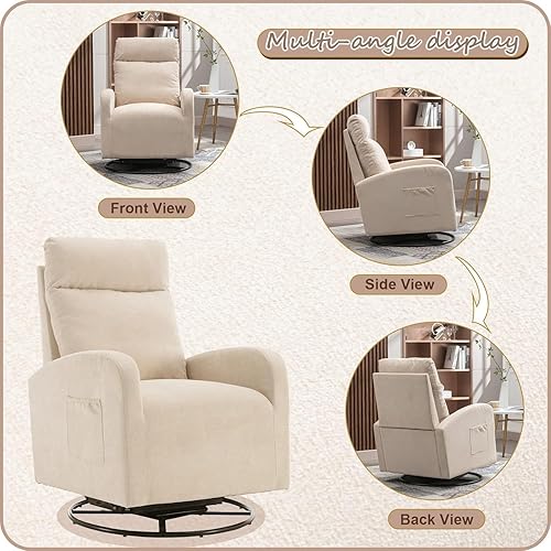 Miniatura 6 de Kurhwyss Silla giratoria para guardería, moderna silla mecedora con respaldo alto y bolsillo de almacenamiento, mecedora tapizada con base de metal