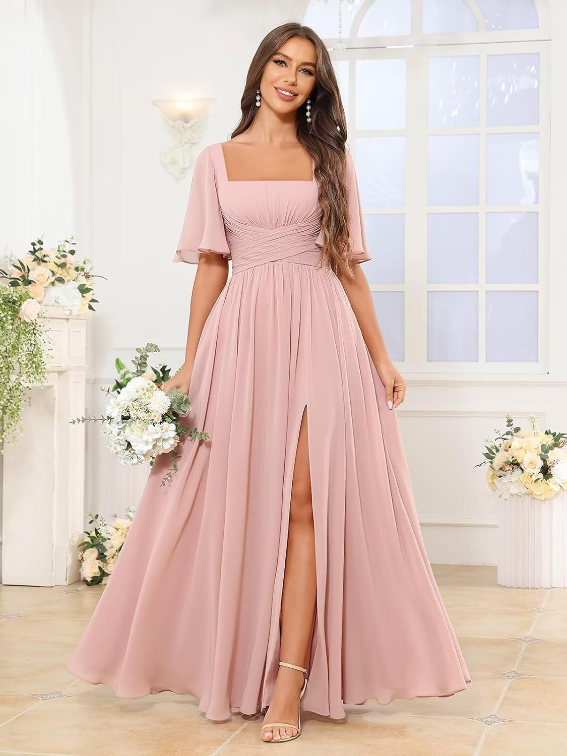 Square Neck Bridesmaid Dresses with Slit Chiffon Flutter Sleeve Long Formal Wedding Guest Dress with Pockets - Image 4