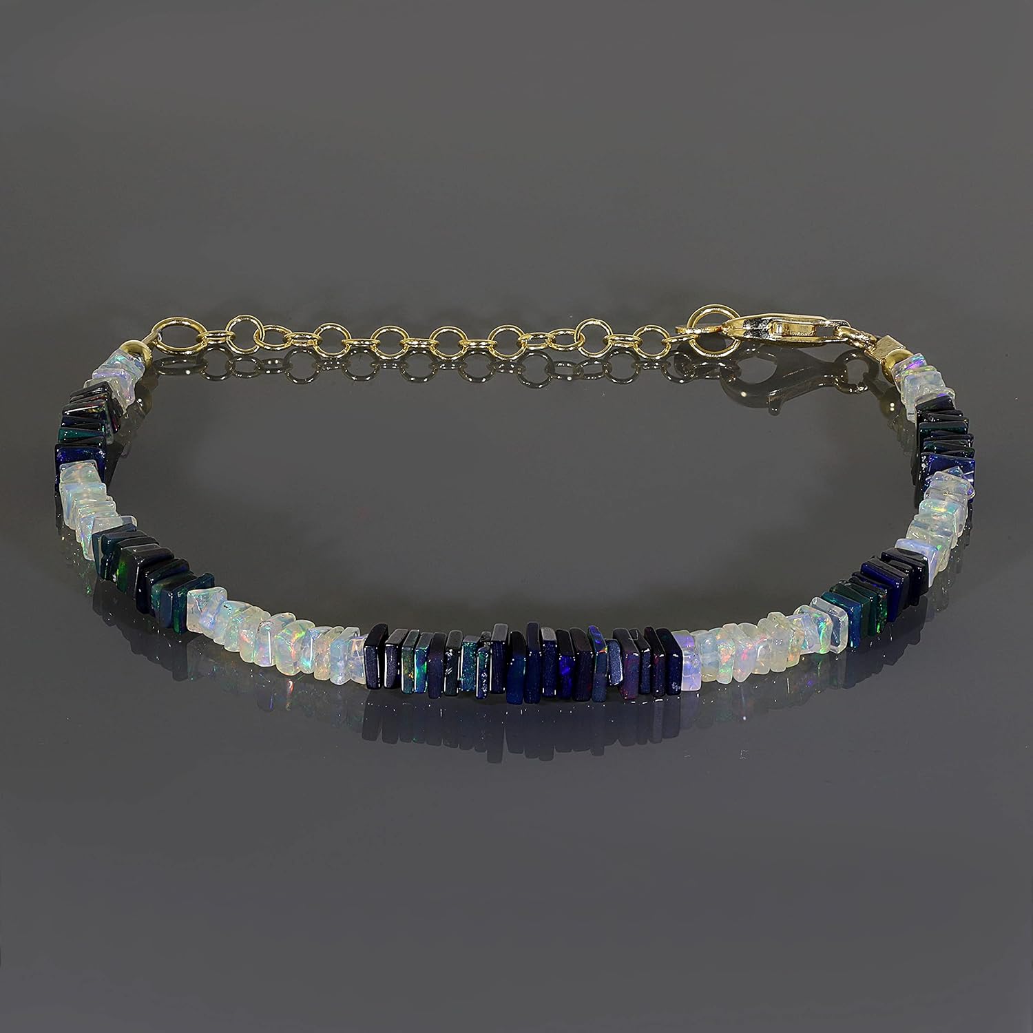 NirvanaIN Natural Ethiopian Black Opal Beads Multi Opal Stone Chain Bracelet For Loved Ones (22cm) (Sterling Silver)