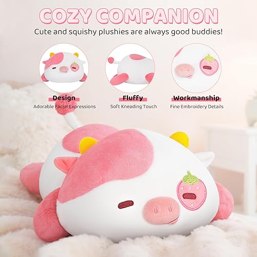 Miniatura 5 de Bonita almohada de peluche de vaca de fresa, peluches kawaii de vaca de fresa, peluches esponjosos, almohada corporal para niños y niñas
