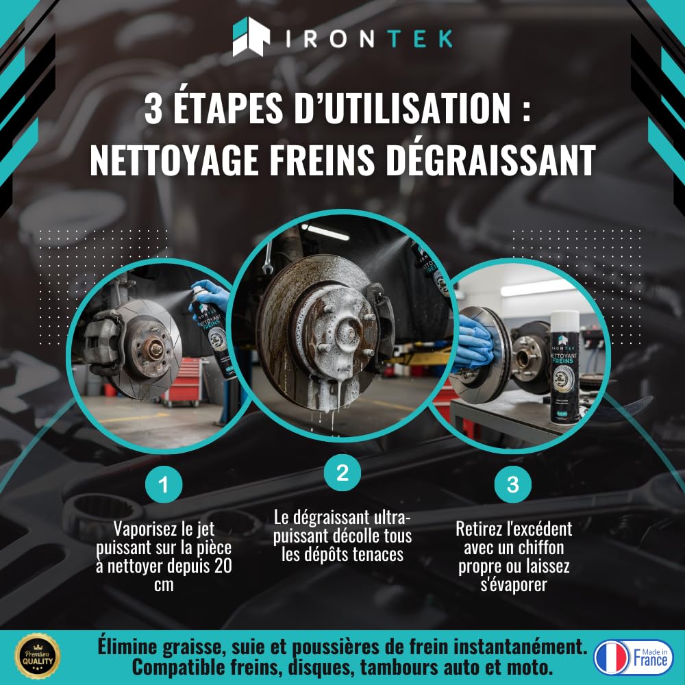 Nettoyant Dégraissant Freins 600 ML Lot de 12 - IRONTEK | IT294 | Aérosol Professionnel | Jet Puissant Séchage Rapide | Élimine Graisse Suie Poussières | Auto Moto | fabriqué en France (12)