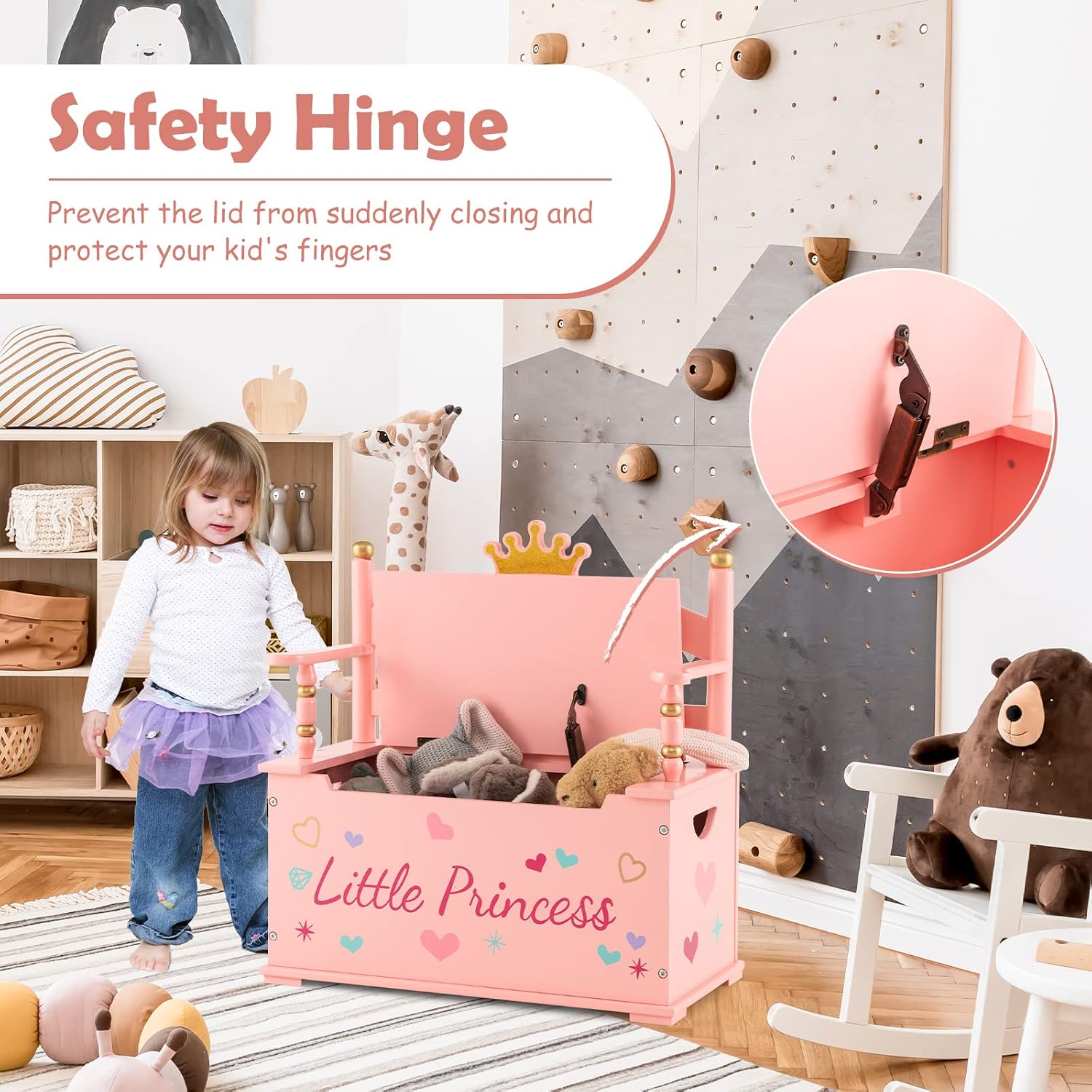 HONEY JOY Pink Wooden Toy Box, 2 in 1 Crown Toy Storage Chest with Safety Hinged Lid, Kids Toy Storage Bench for Playroom Bedroom, Children's Furniture, Gift for Princess Girls Age 3+, Pink