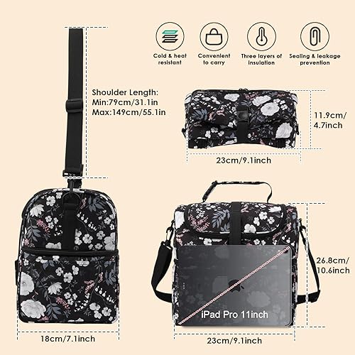 Miniatura 9 de PBRO Lonchera térmica de doble cubierta para mujer, lonchera grande reutilizable con cinturón de hombro ajustable, bolsillos laterales, lindas hojas