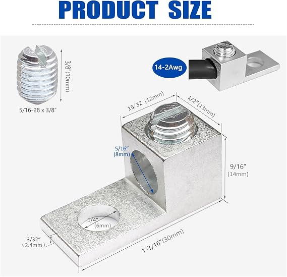 16Pcs Aluminum Mechanical Lug Terminals, 5/16-24 Stud with 1/4 Mounting Hole, for 14-2 AWG Wire, Tin-Plated for Solar Grounding, Battery, Electrical Panel, Junction Box