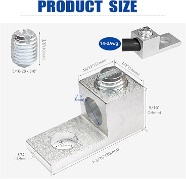 16Pcs Aluminum Mechanical Lug Terminals, 5/16-24 Stud with 1/4 Mounting Hole, for 14-2 AWG Wire, Tin-Plated for Solar Grounding, Battery, Electrical Panel, Junction Box
