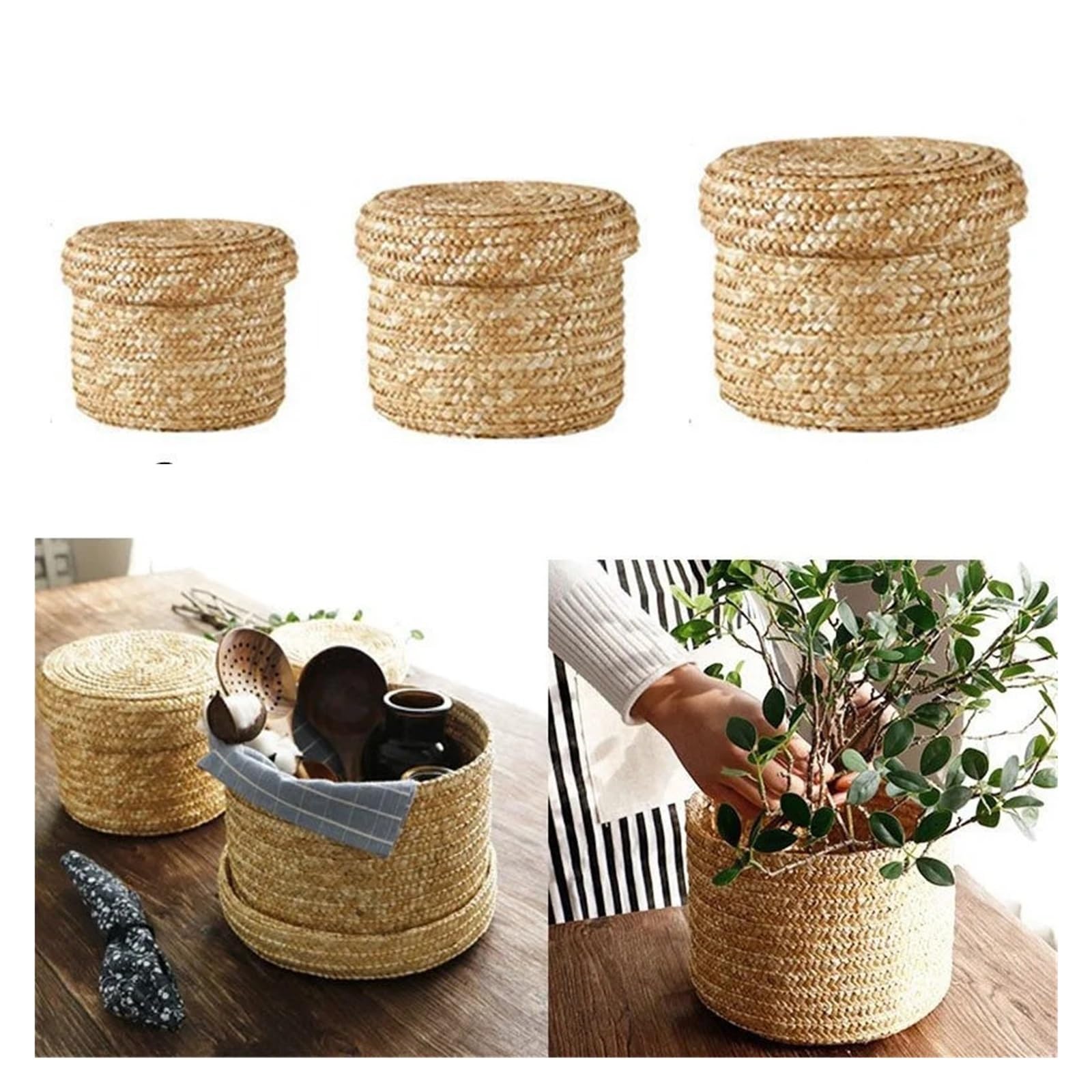 DUNSBY Woven Planter 4 Pcs Handmade Woven Storage Basket Multi-purpose Snack Organizer Baskets(L)
