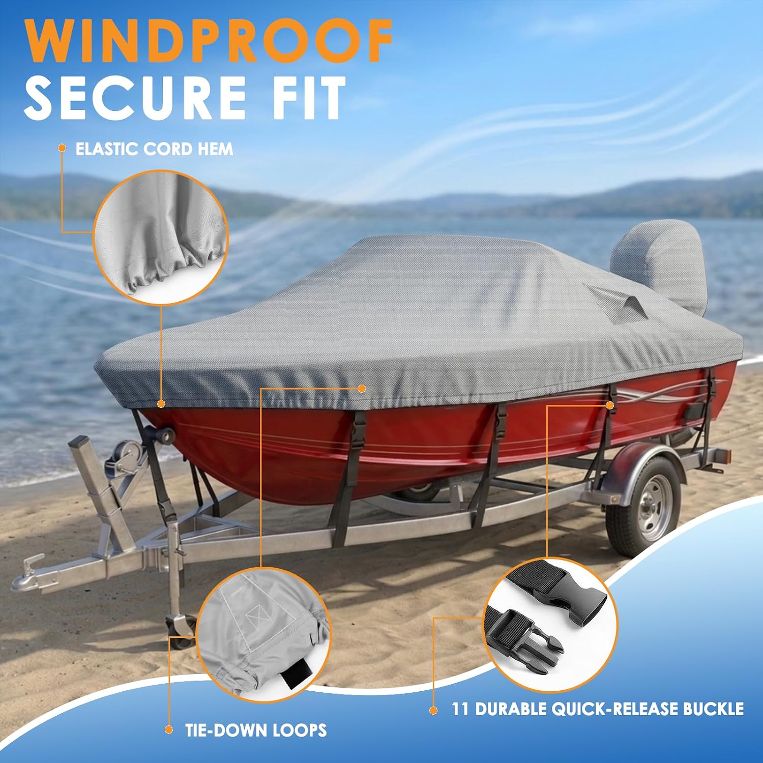 Bass Boat Cover 14-16ft, 1200D Heavy Duty Waterproof Boat Cover with Motor Cover, Fits 14' 15' 16' Bass Boat, V-Hull, Tri-Hull & Pro-Style Fishing Boats, Up to 68" Beam, Dove Gray