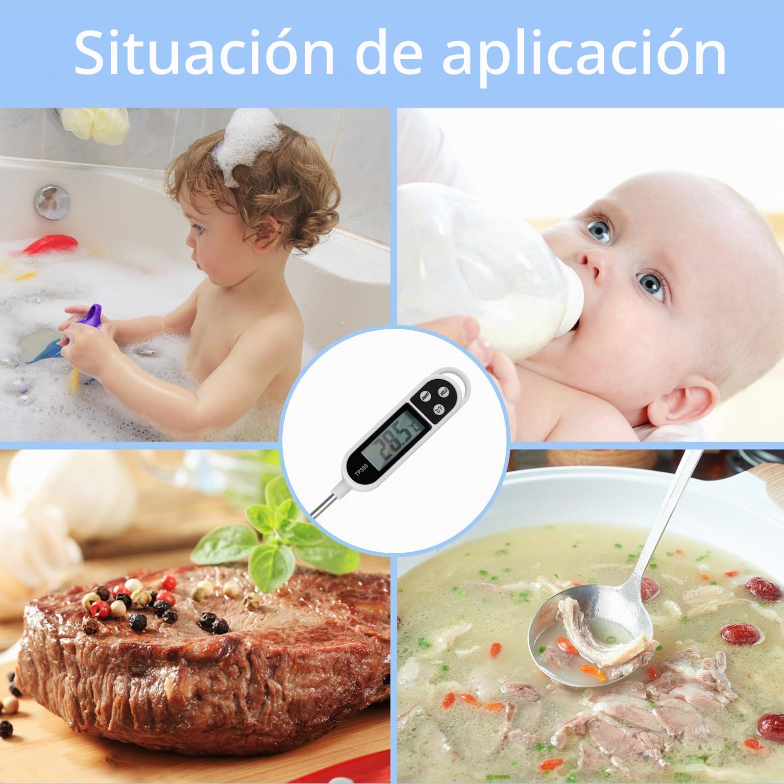 Nutabevr Termómetro Digital de Cocina,Termómetro de Cocina con sonda Larga,3S Lectura Instantánea Termómetro Doméstico Con LCD para alimentos y bebidas, asado, parrilla, Leche, Agua, Aceite,Sopa