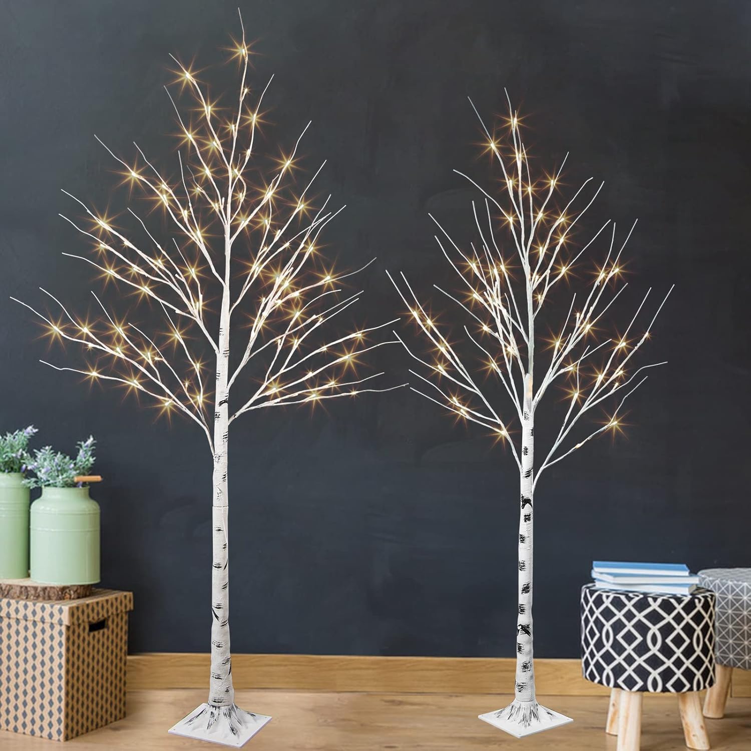 PEIDUO Set of 2 Lighted Birch Tree, Prelit White Christmas Tree, Light Up Artificial Trees with Dimmable & Timer, Twinkling Twig Tree with LED Lights for Home Decorations Outdoor Indoor Decor 5FT 6FT
