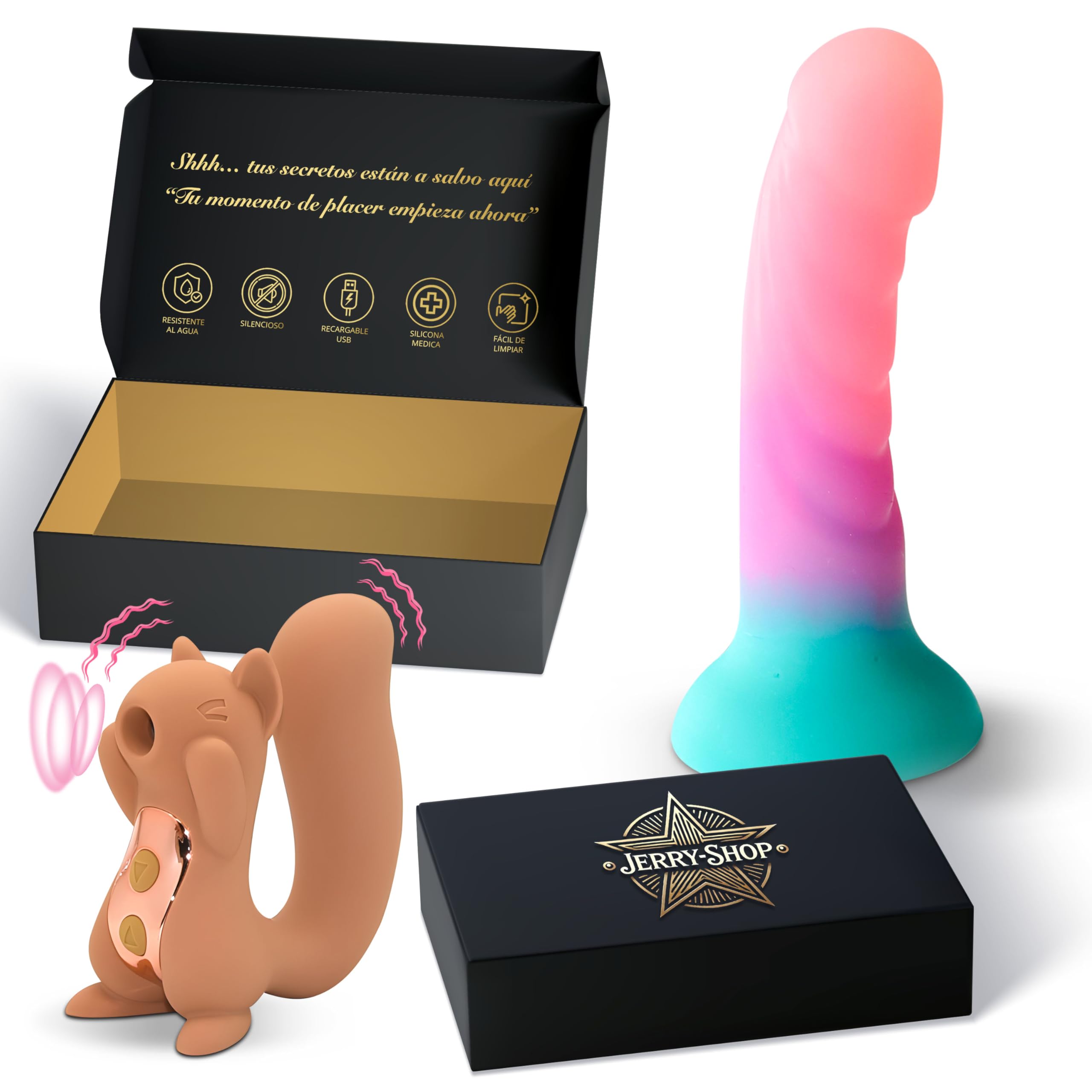 JERRYSHOP Kit Juguetes Eróticos Para Parejas Sexuales, Succionador Vibrador | JERRY-SHOP Kit Juguetes Sexo Mujer Succionador con Vibrador y Consolador Con Ventosa. Diseño Premium, Elegante y Discreto.