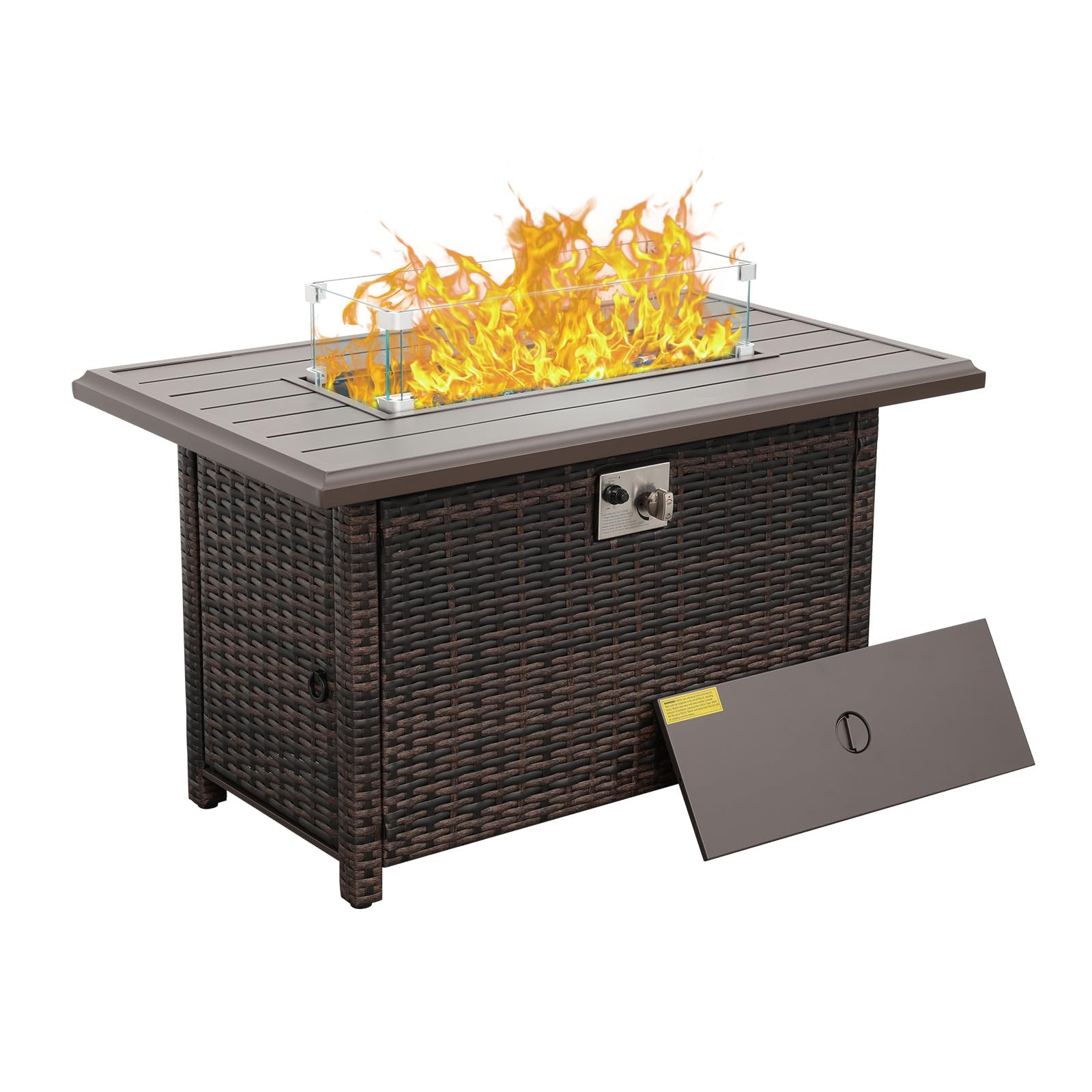 Wicker Propane Fire Pit Outdoor Fire Pit Table 60000 BTU 43 Inches Gas Fire Pit with Steel Grille Tabletop Double Fire Tube Blue Crystal Beads and Fire Pit Cover