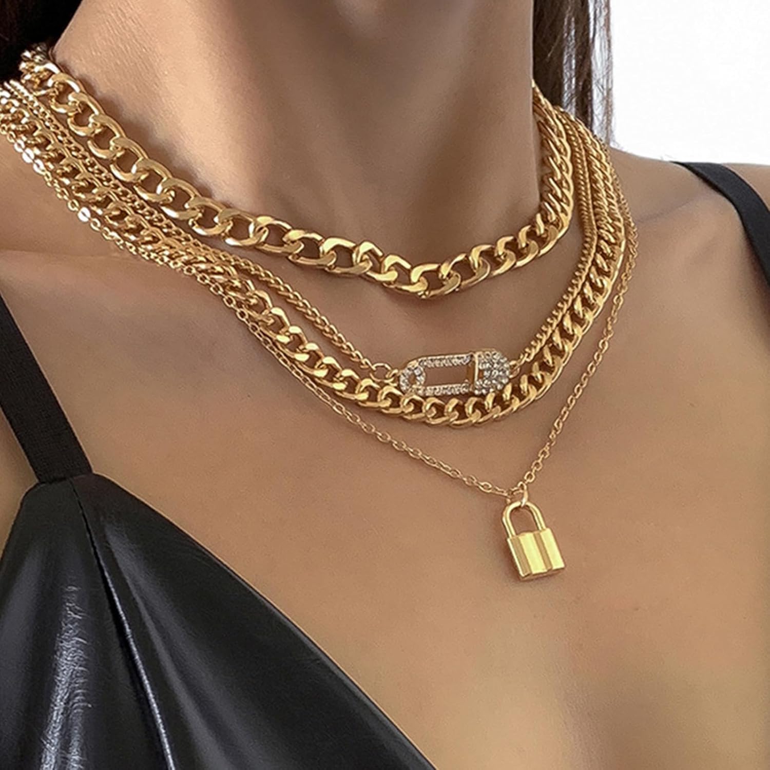 Layered Necklaces for Women Chunky Gold plated Lock Charm Dainty Statement Chain Choker Layered Stacked Womens Necklaces Trendy Birthday Jewelry Gifts - Image 3