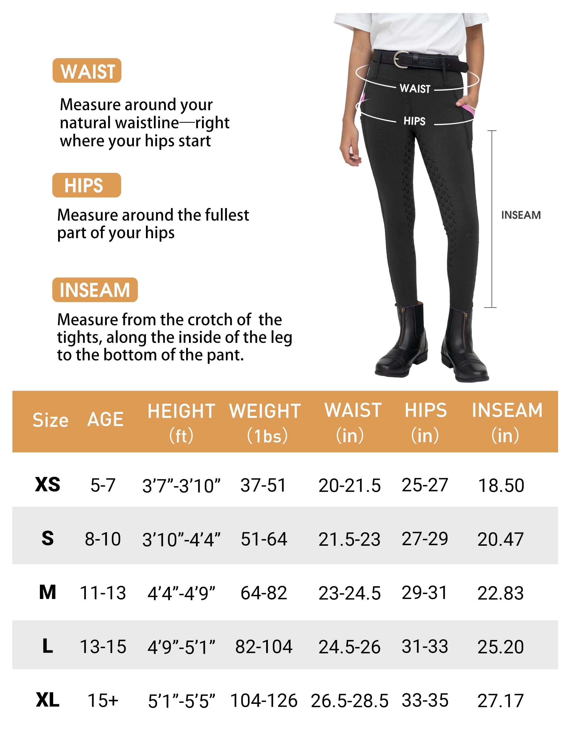FitsT4 Sports Girls Full Seat Riding Tights High Waist Kids Equestrian Breeches Horse Schooling Pants Zipper Pockets — view 6