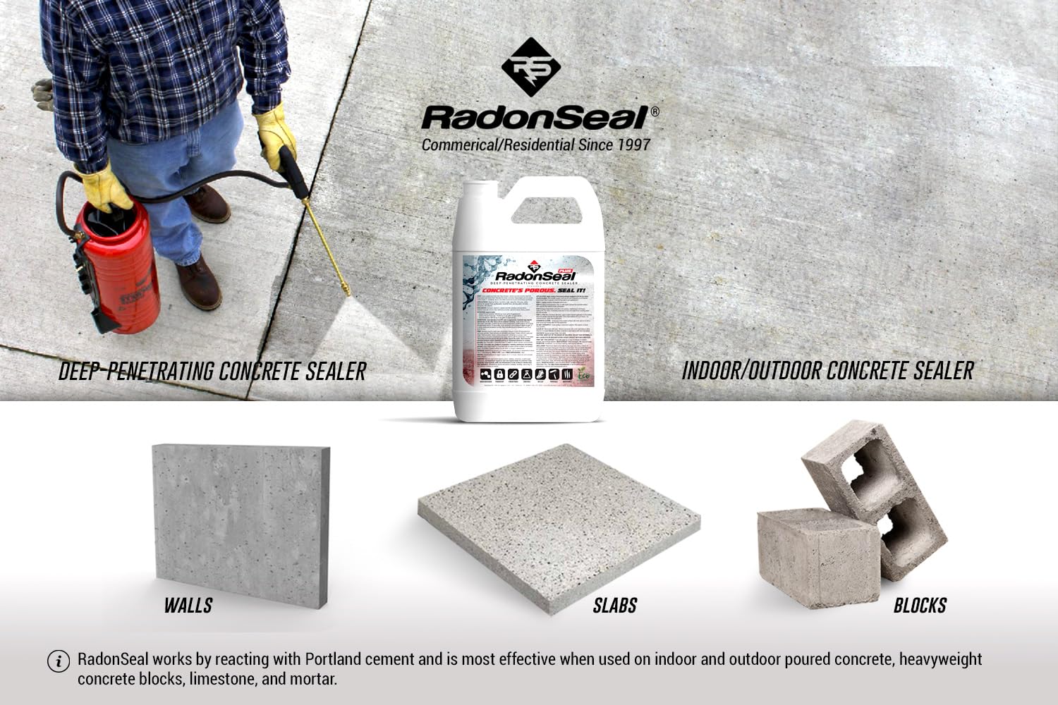 RadonSeal Plus Concrete Sealer – Deep Penetrating Waterproofing for Basement Floors, Foundation Walls & Concrete Block – Reduces Moisture & Strengthens Concrete (2.5 Gal)