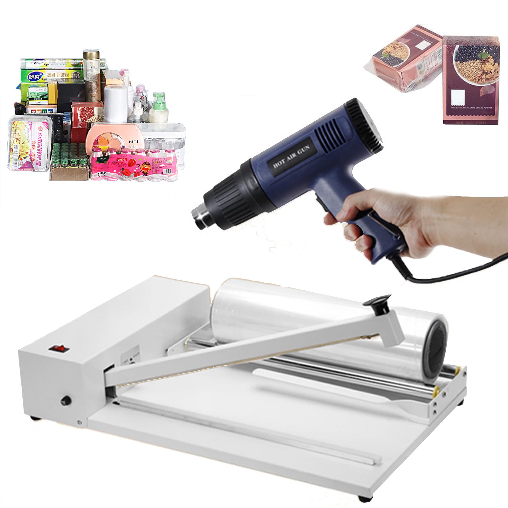 YEHOZZ 2 in 1 Hand Wrapping Machine Shrink Wrap Machine with Heat Gun, Wrap Sealer Machine, Film Wrapper for Food Book Box Packaging in Shops,SKA-450