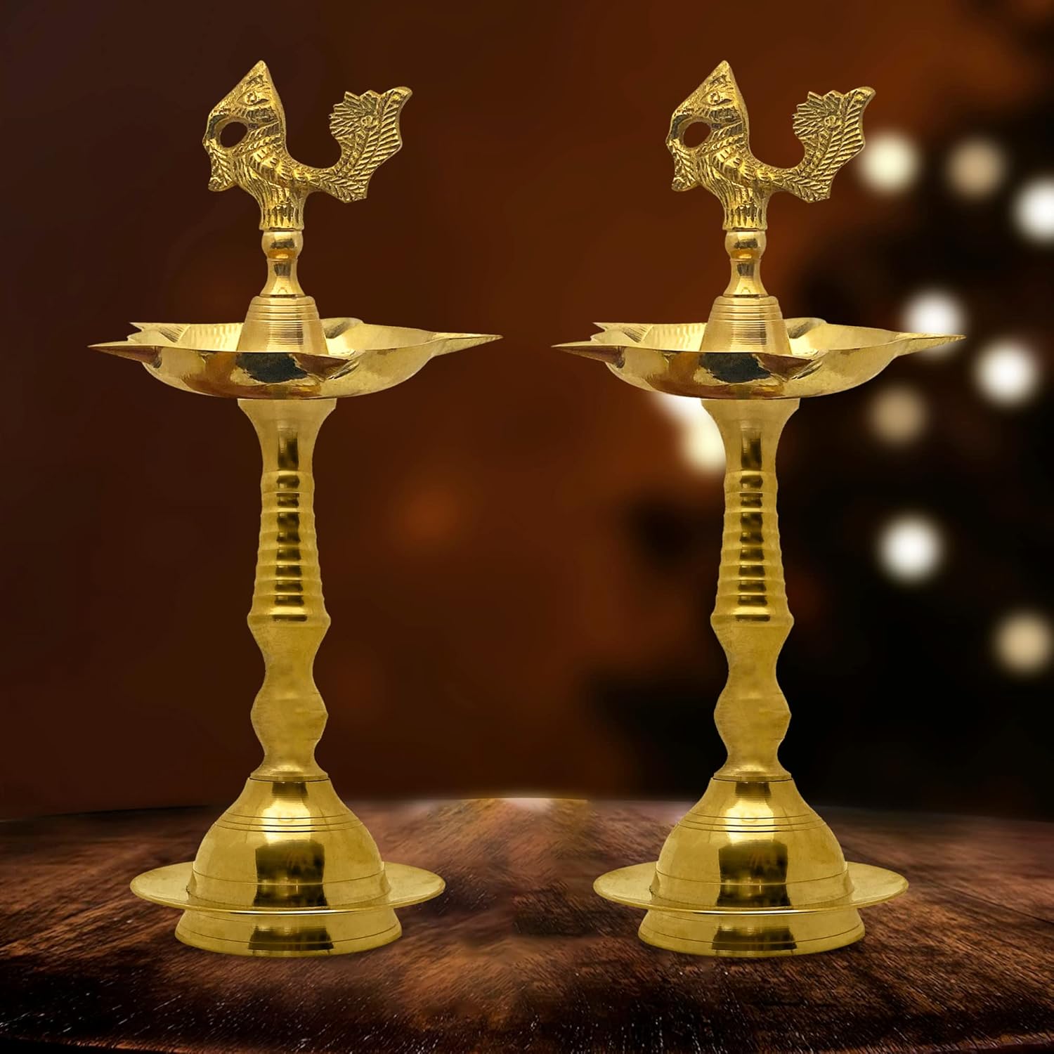 SATVIK 2 Pc Set of 8.5 Inch Standing Brass Peacock Design Kerala Samai Deepak Puja Traditional Panchmahal Pooja Deepam Diya Oil Lamp Kutthu Vilakku Dia Deepawali Indian Housewarming Return Gift Item